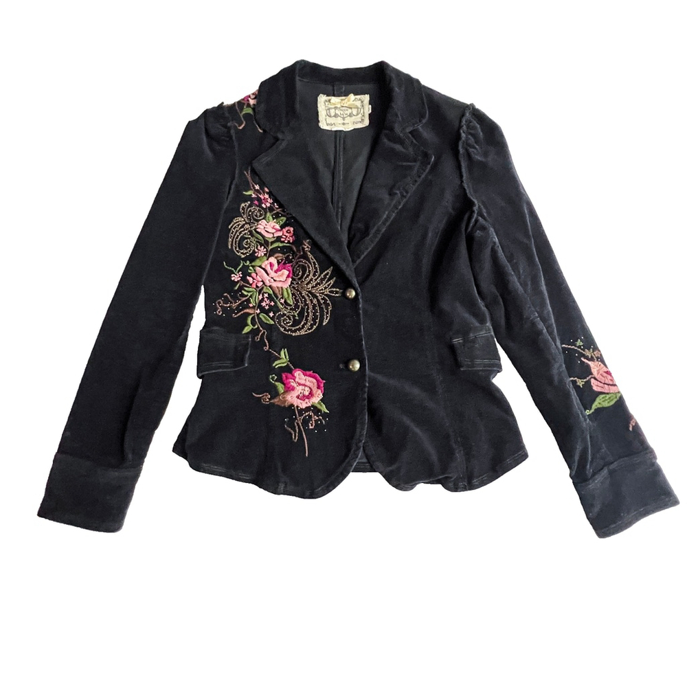 Vtg Corduroy Jacket Black Embroidered Floral Boho Western y2k Fall Blazer Sz M